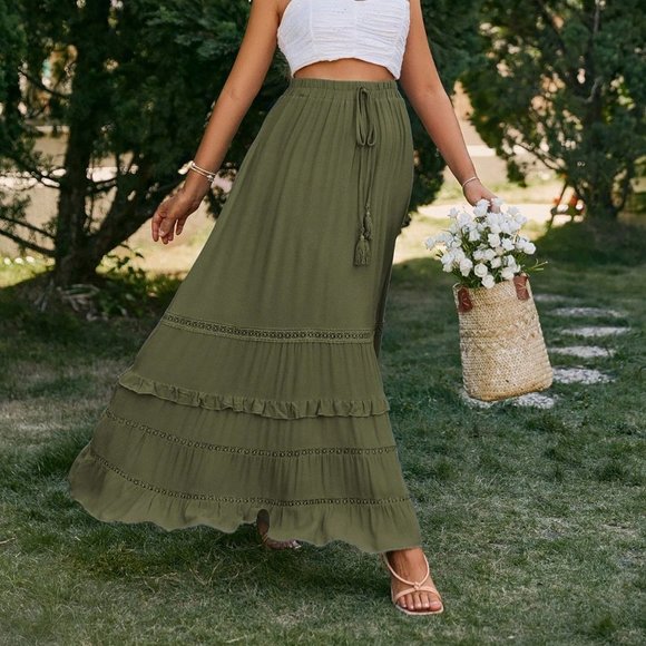 Green Boho Womens Tie Waist Ruffle Hem Skirt - Picture 5 of 5